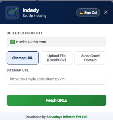 Indexly's setup screen showing the detected Search Console property and the three URL source options